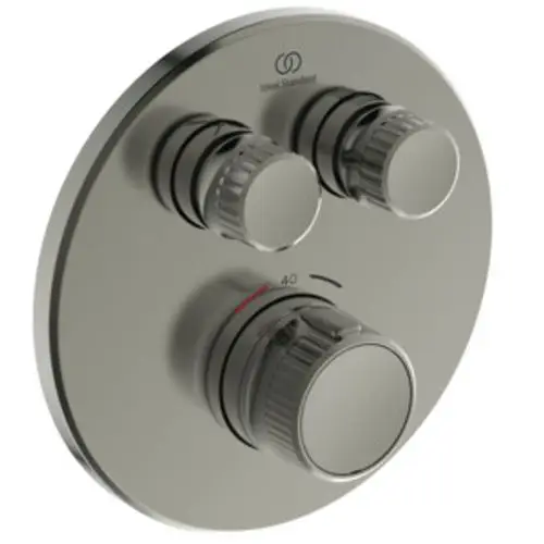 Brausethermostat mit drei Drehreglern und Temperaturanzeige, aus Edelstahl, von Ideal Standard. Runde Form, geeignet für Wandinstallation.